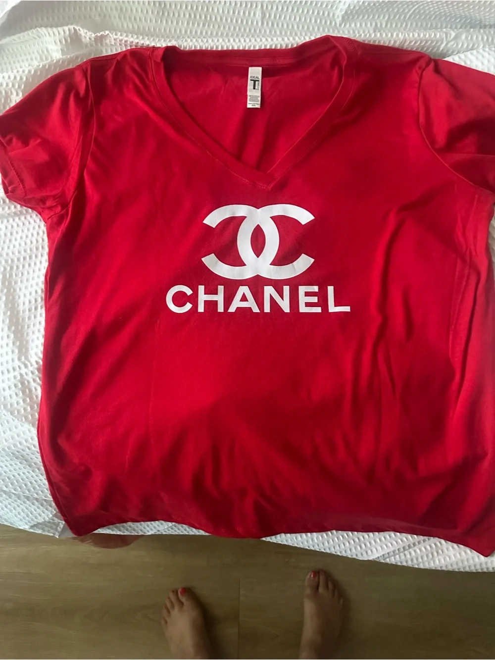 CHANEL Red V-Neck Short Sleeve Tee with White Logo